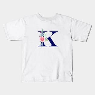 Watercolor Floral Letter K in Navy Kids T-Shirt